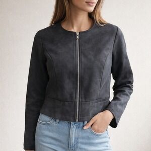 Charcoal Faux Suede Zip Jacket Minimalist‎ Tailored Slight Crop Medium